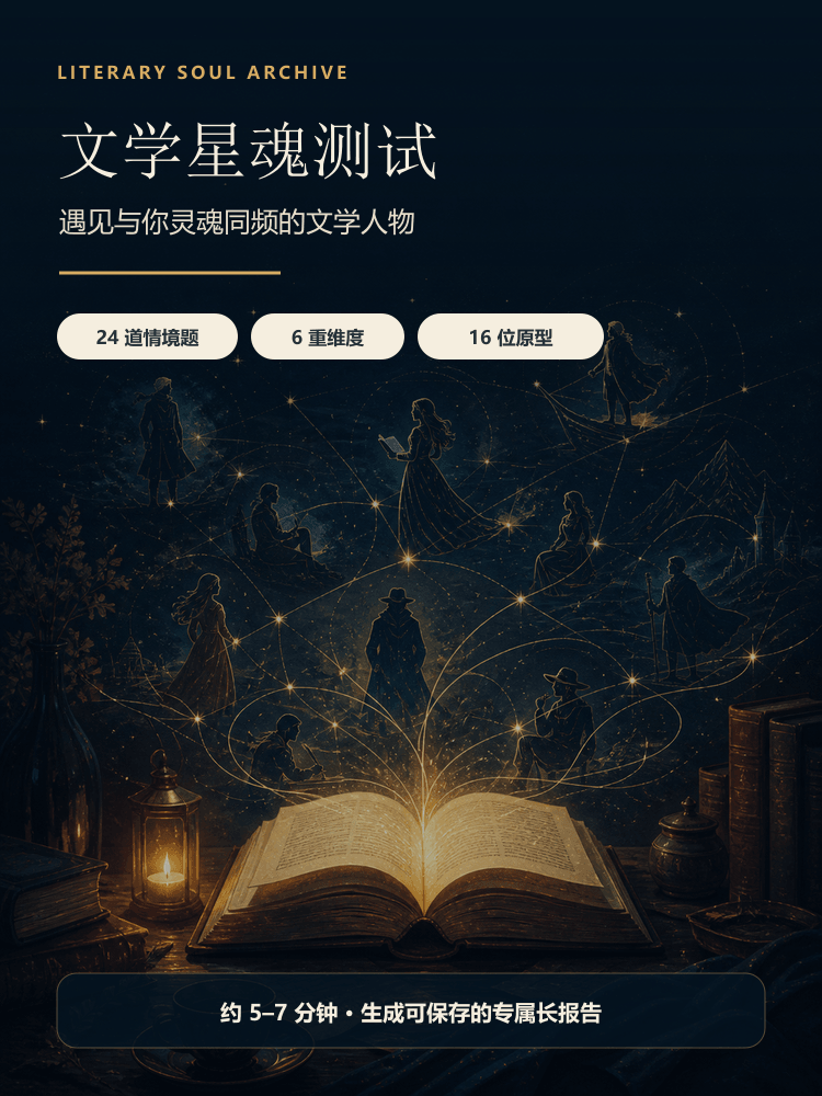 文学人物原型测试商品主图,深蓝金色星魂书卷展示十六位文学人物原型