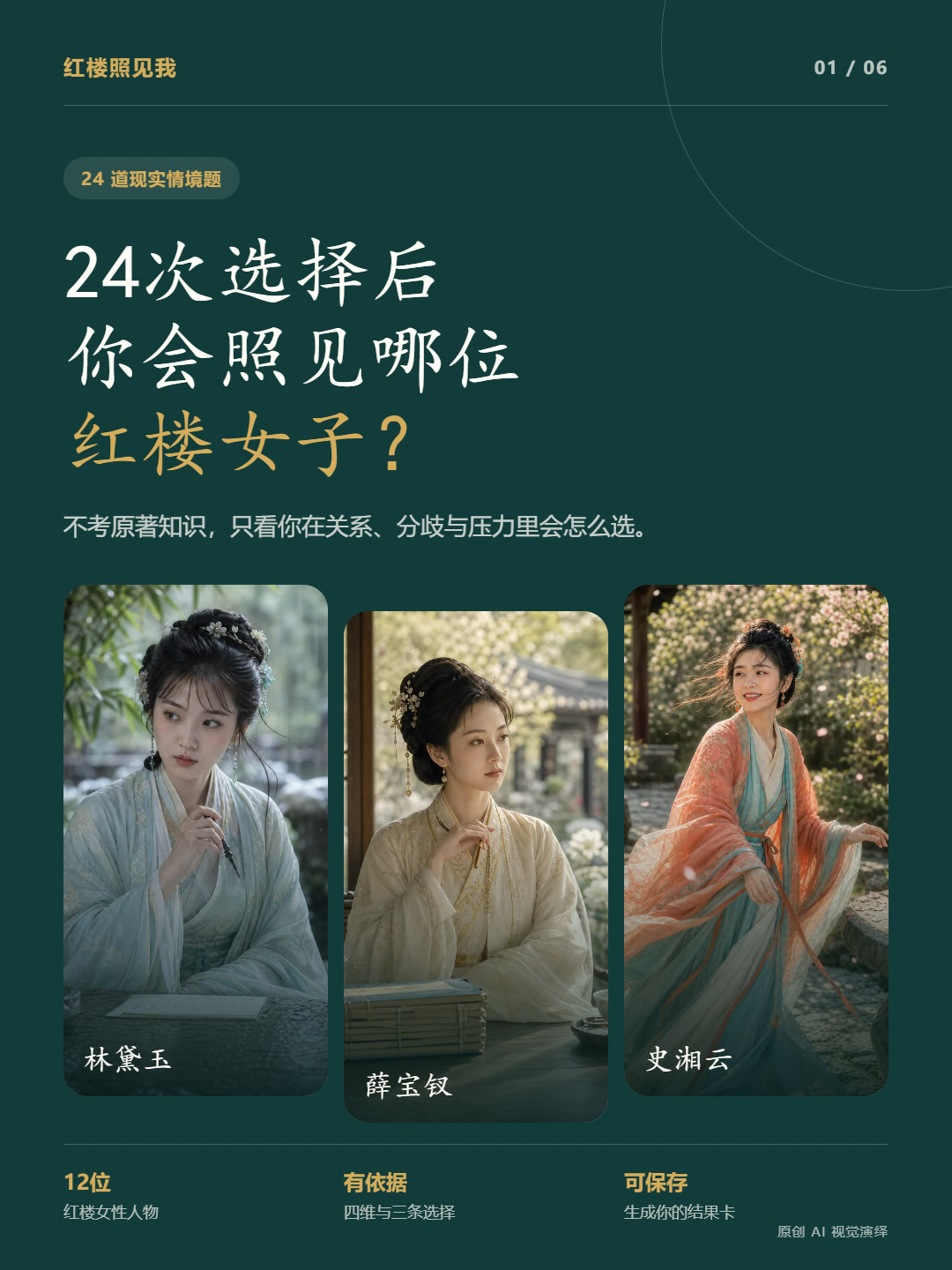 红楼照见我新版商品详情图,展示三位红楼女性人物与测试说明